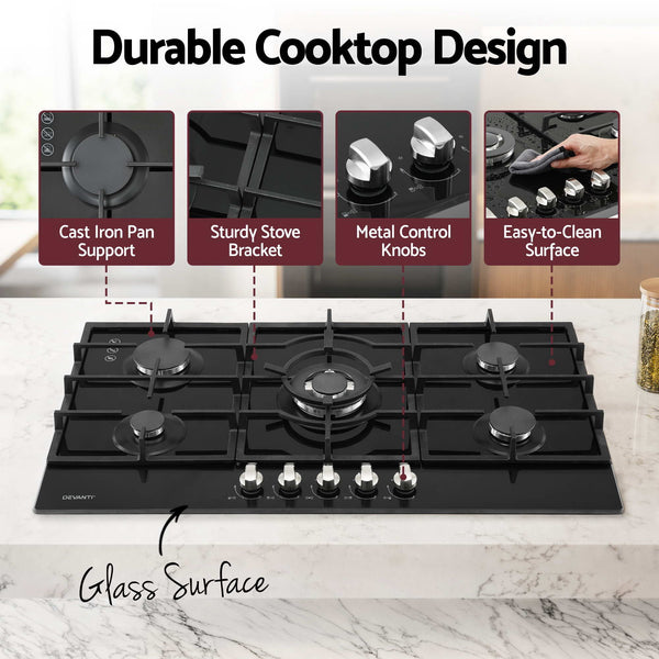 Devanti 90cm Gas Cooktop 5 Burner LPG NG Tempered Glass Hob Black Awezingly