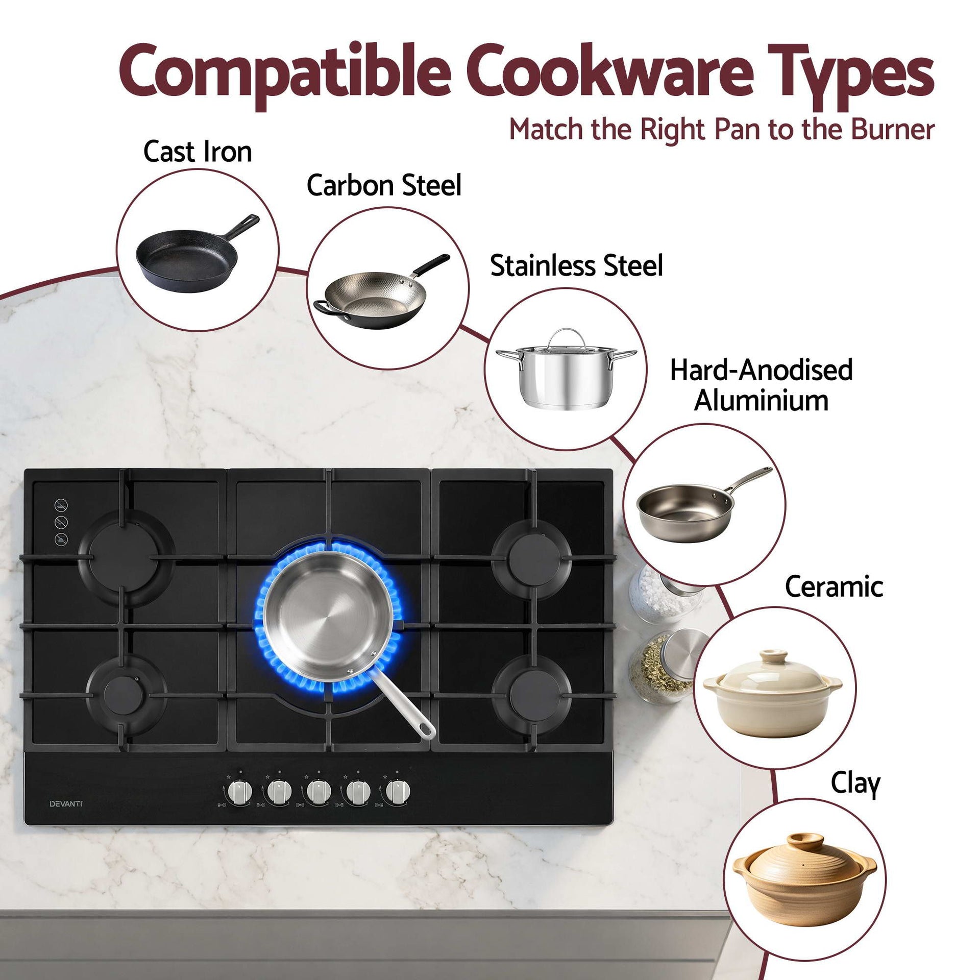 Devanti 90cm Gas Cooktop 5 Burner LPG NG Tempered Glass Hob Black Awezingly