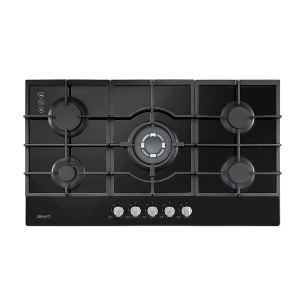Devanti 90cm Gas Cooktop 5 Burner LPG NG Tempered Glass Hob Black Awezingly