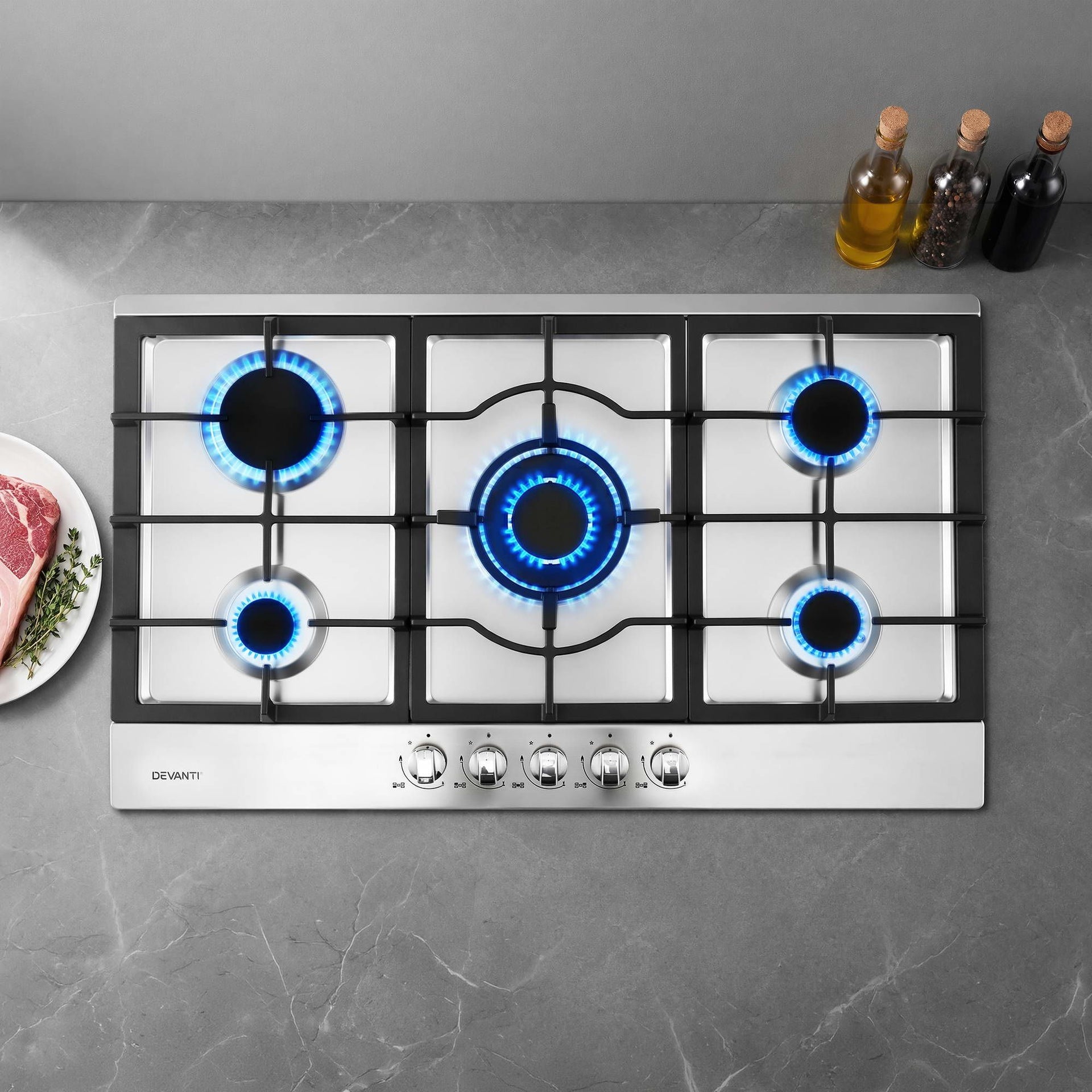 Devanti 90cm Gas Cooktop 5 Burner LPG NG Stainless Steel Hob Silver Awezingly