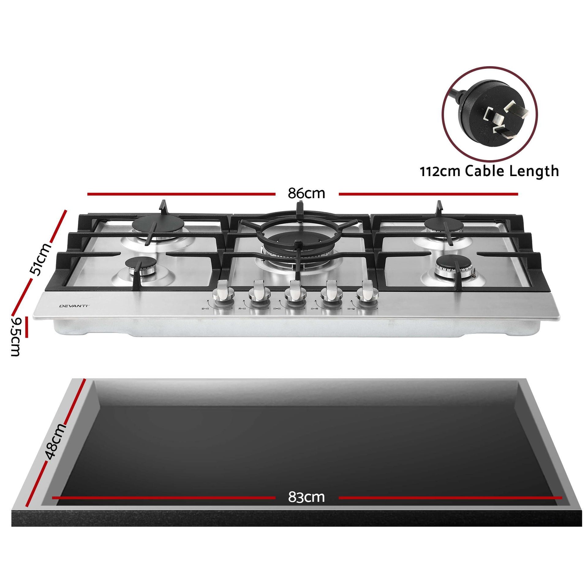 Devanti 90cm Gas Cooktop 5 Burner LPG NG Stainless Steel Hob Silver Awezingly