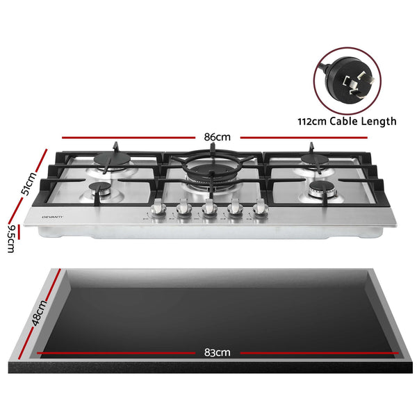 Devanti 90cm Gas Cooktop 5 Burner LPG NG Stainless Steel Hob Silver Awezingly