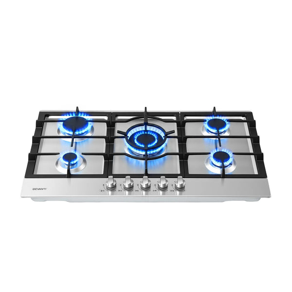 Devanti 90cm Gas Cooktop 5 Burner LPG NG Stainless Steel Hob Silver Awezingly