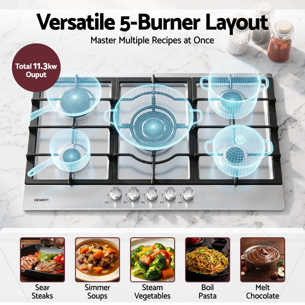 Devanti 90cm Gas Cooktop 5 Burner LPG NG Stainless Steel Hob Silver Awezingly
