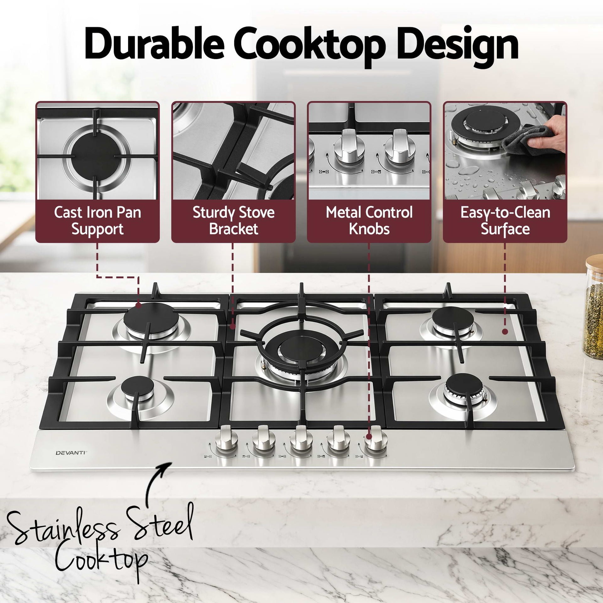 Devanti 90cm Gas Cooktop 5 Burner LPG NG Stainless Steel Hob Silver Awezingly