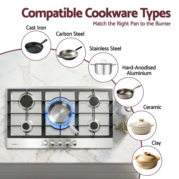 Devanti 90cm Gas Cooktop 5 Burner LPG NG Stainless Steel Hob Silver Awezingly