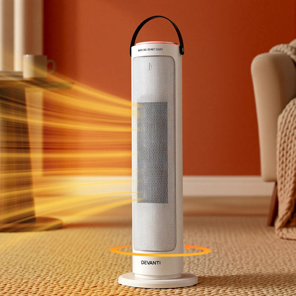 Devanti 2000W Ceramic Tower Heater Space Heaters Oscillating Indoor White Awezingly