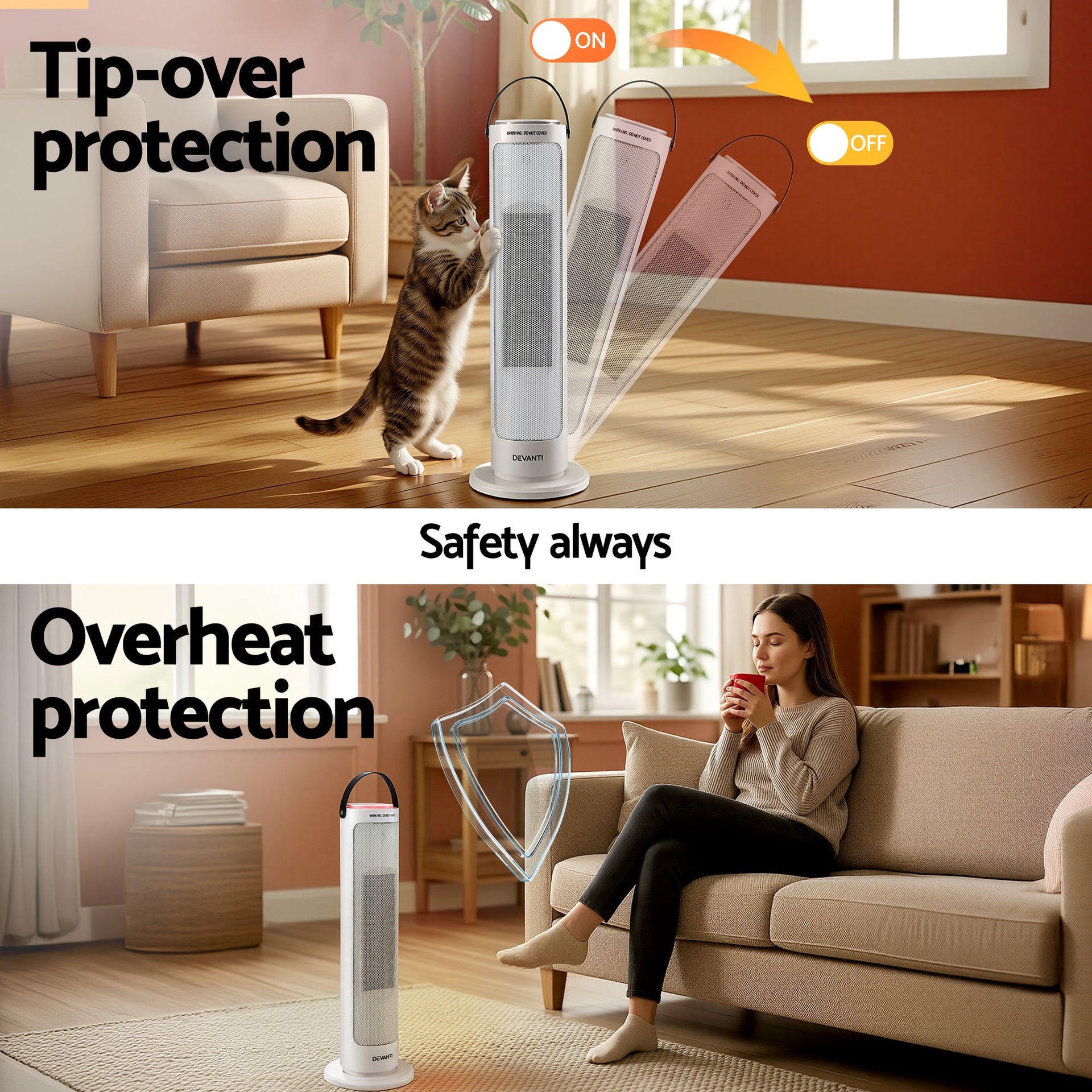 Devanti 2000W Ceramic Tower Heater Space Heaters Oscillating Indoor White Awezingly