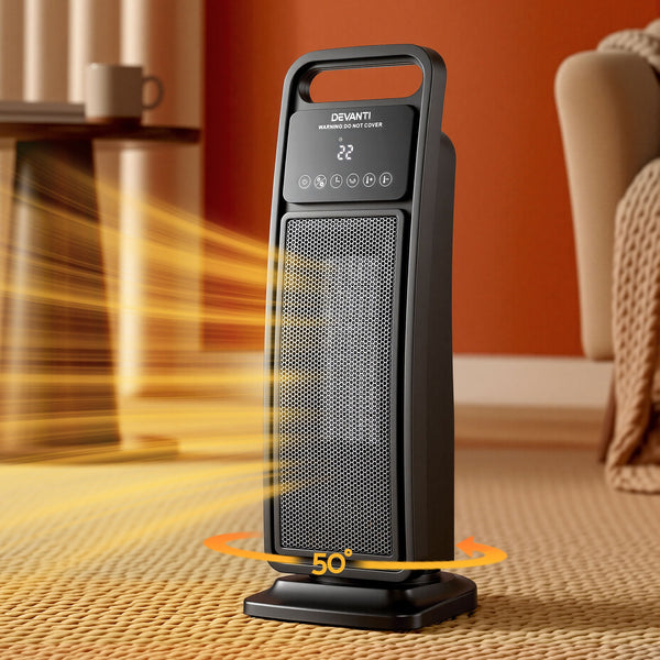 Devanti 2000W Ceramic Tower Heater Space Heaters Indoor Oscillating Black Awezingly