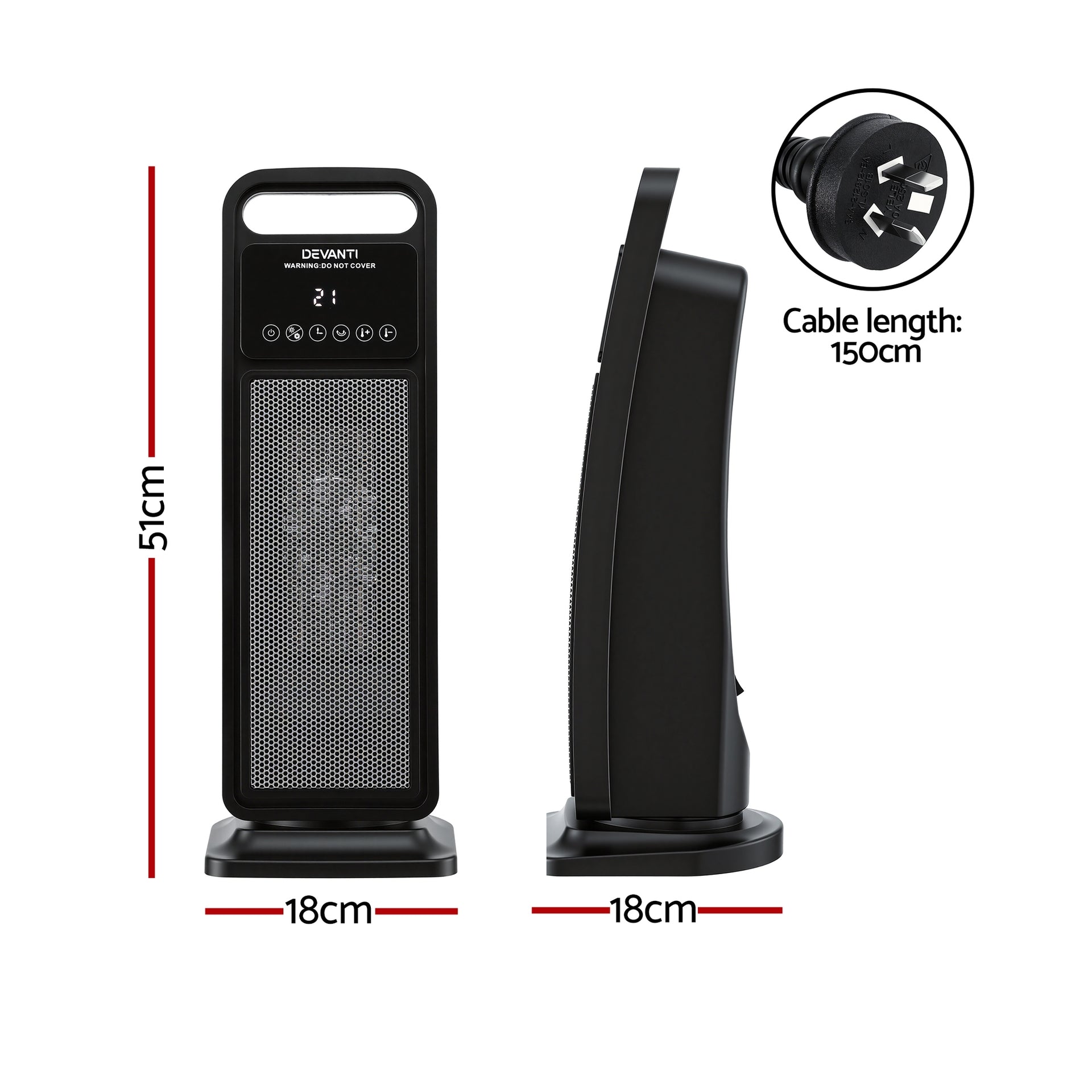 Devanti 2000W Ceramic Tower Heater Space Heaters Indoor Oscillating Black Awezingly