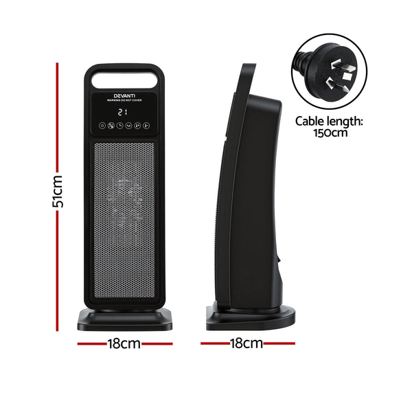 Devanti 2000W Ceramic Tower Heater Space Heaters Indoor Oscillating Black Awezingly
