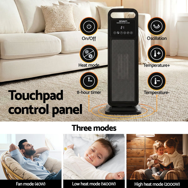 Devanti 2000W Ceramic Tower Heater Space Heaters Indoor Oscillating Black Awezingly