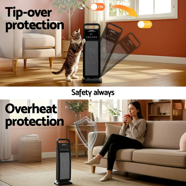 Devanti 2000W Ceramic Tower Heater Space Heaters Indoor Oscillating Black Awezingly