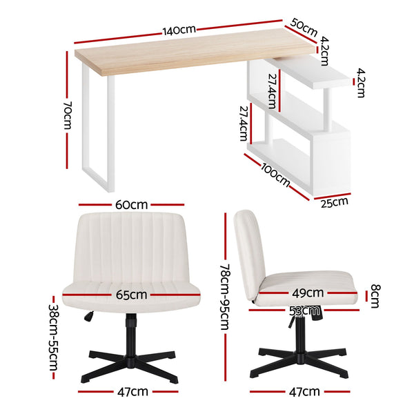 Artiss Office Desk & Chair Set 140cm Computer Desk with Rotatable Bookshelf & Criss Cross Office Chair Armless Swivel Chair, Home Office Study Workstation Furniture Awezingly