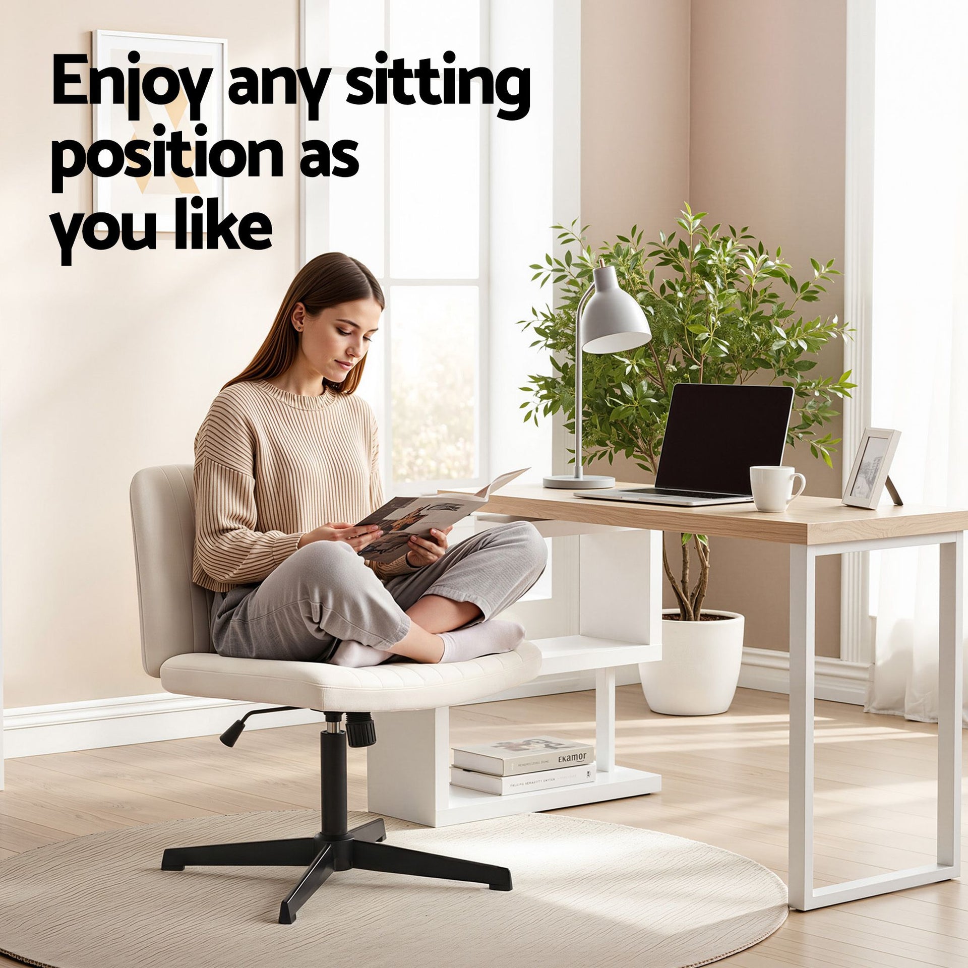 Artiss Office Desk & Chair Set 140cm Computer Desk with Rotatable Bookshelf & Criss Cross Office Chair Armless Swivel Chair, Home Office Study Workstation Furniture Awezingly