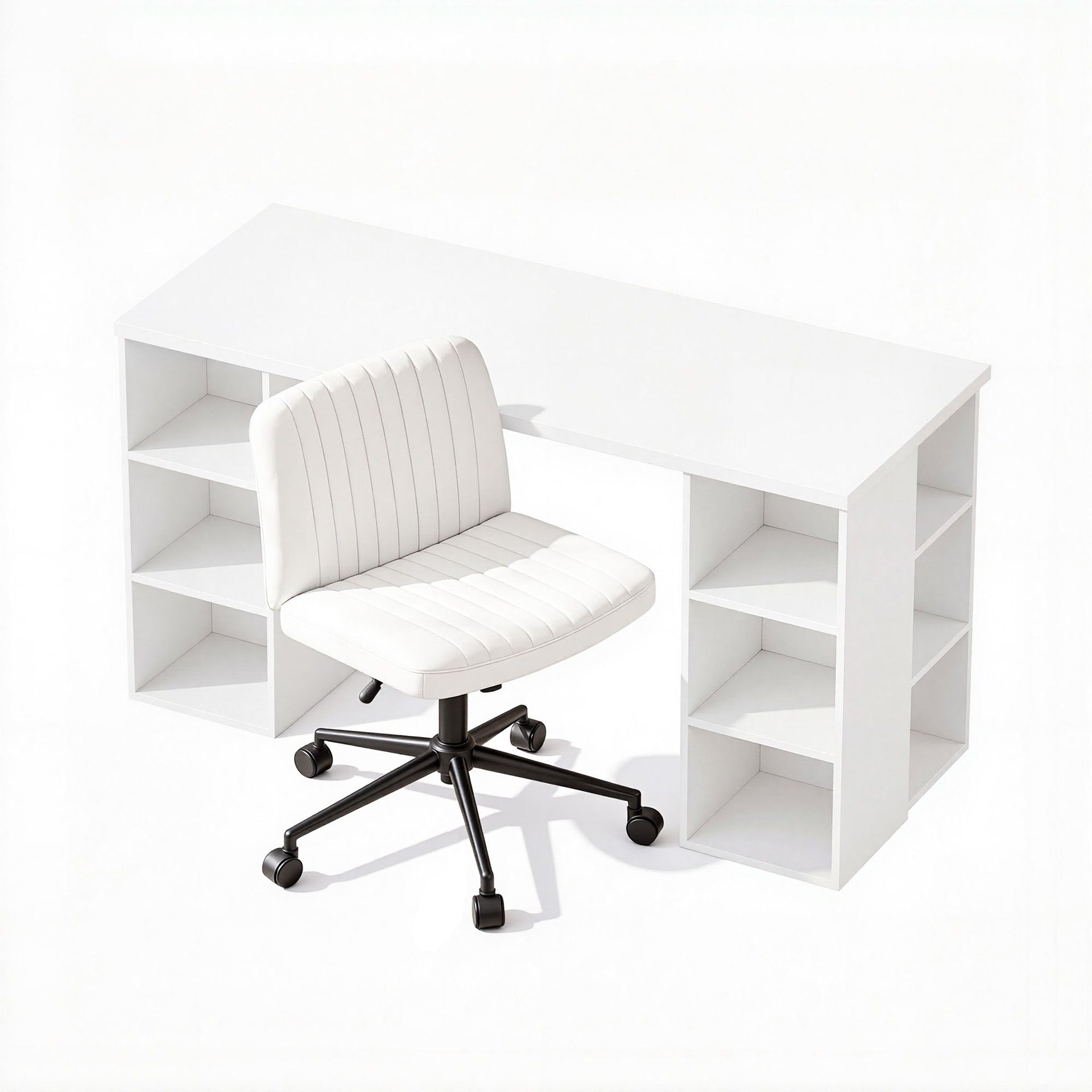 Artiss Office Desk & Chair Set 150cm Computer Desk with 6 Storage Shelves & Ergonomic Cross Legged Chair Armless Cross PU Leather Office Chair with Wheels Awezingly