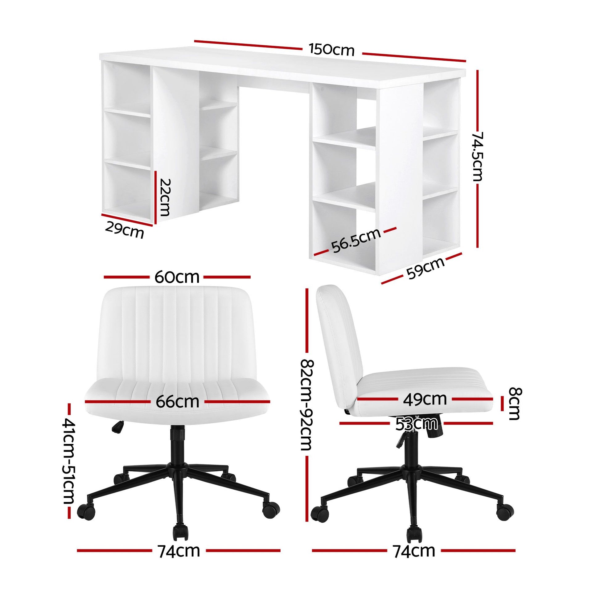 Artiss Office Desk & Chair Set 150cm Computer Desk with 6 Storage Shelves & Ergonomic Cross Legged Chair Armless Cross PU Leather Office Chair with Wheels Awezingly