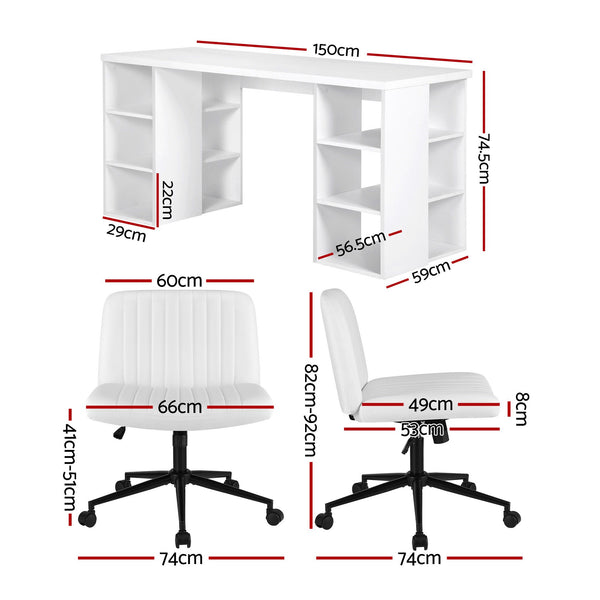 Artiss Office Desk & Chair Set 150cm Computer Desk with 6 Storage Shelves & Ergonomic Cross Legged Chair Armless Cross PU Leather Office Chair with Wheels Awezingly