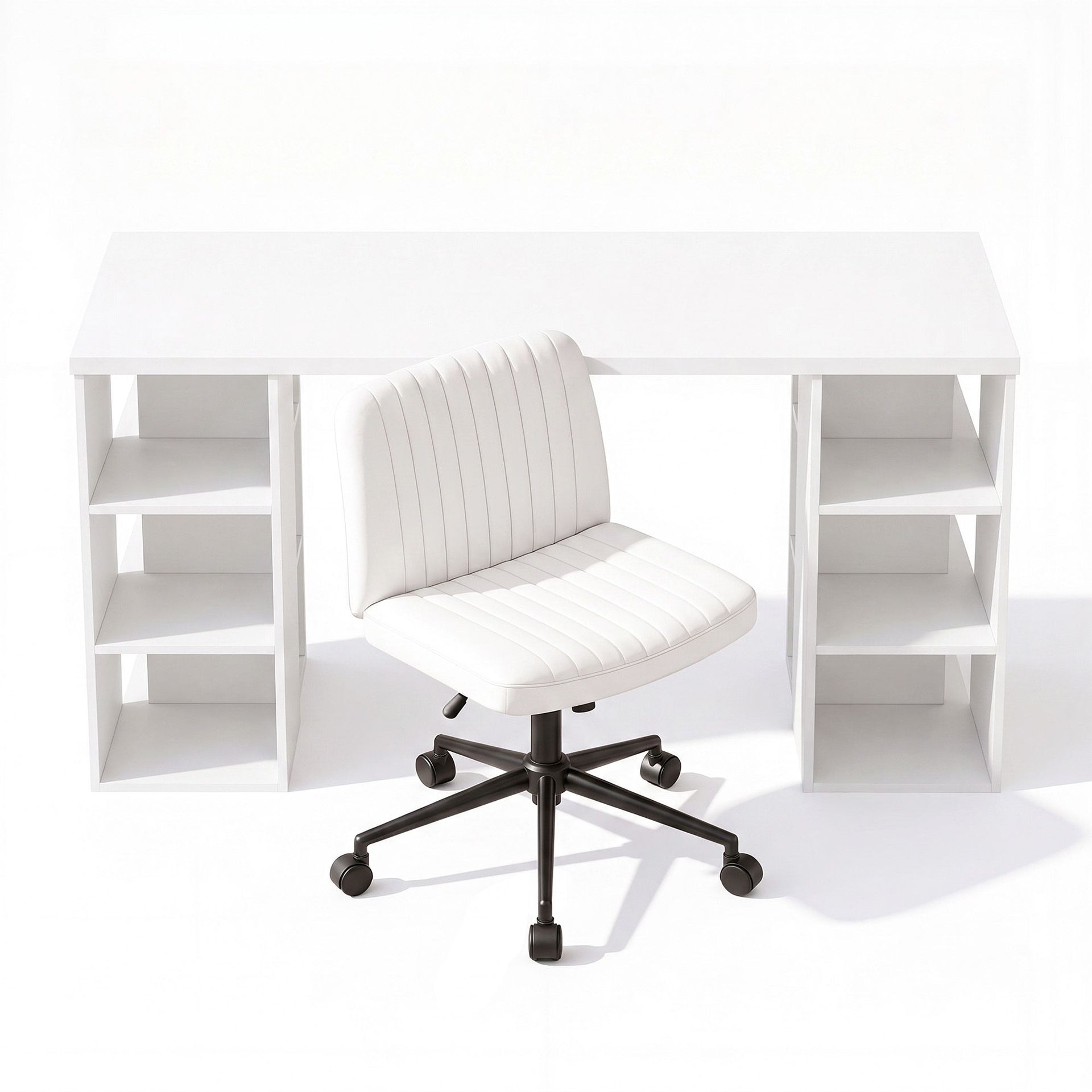 Artiss Office Desk & Chair Set 150cm Computer Desk with 6 Storage Shelves & Ergonomic Cross Legged Chair Armless Cross PU Leather Office Chair with Wheels Awezingly