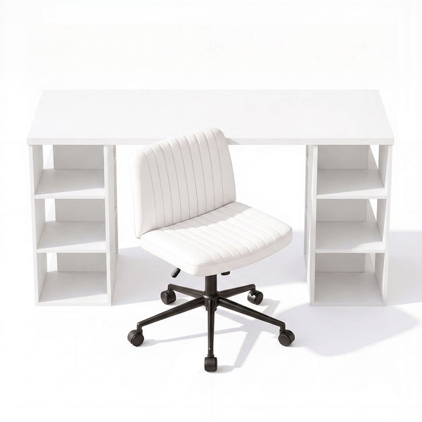 Artiss Office Desk & Chair Set 150cm Computer Desk with 6 Storage Shelves & Ergonomic Cross Legged Chair Armless Cross PU Leather Office Chair with Wheels Awezingly