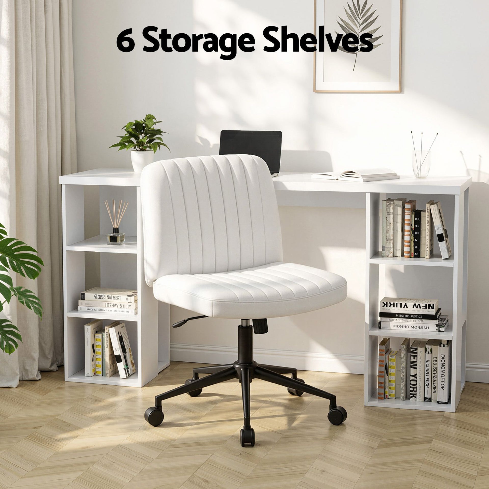 Artiss Office Desk & Chair Set 150cm Computer Desk with 6 Storage Shelves & Ergonomic Cross Legged Chair Armless Cross PU Leather Office Chair with Wheels Awezingly
