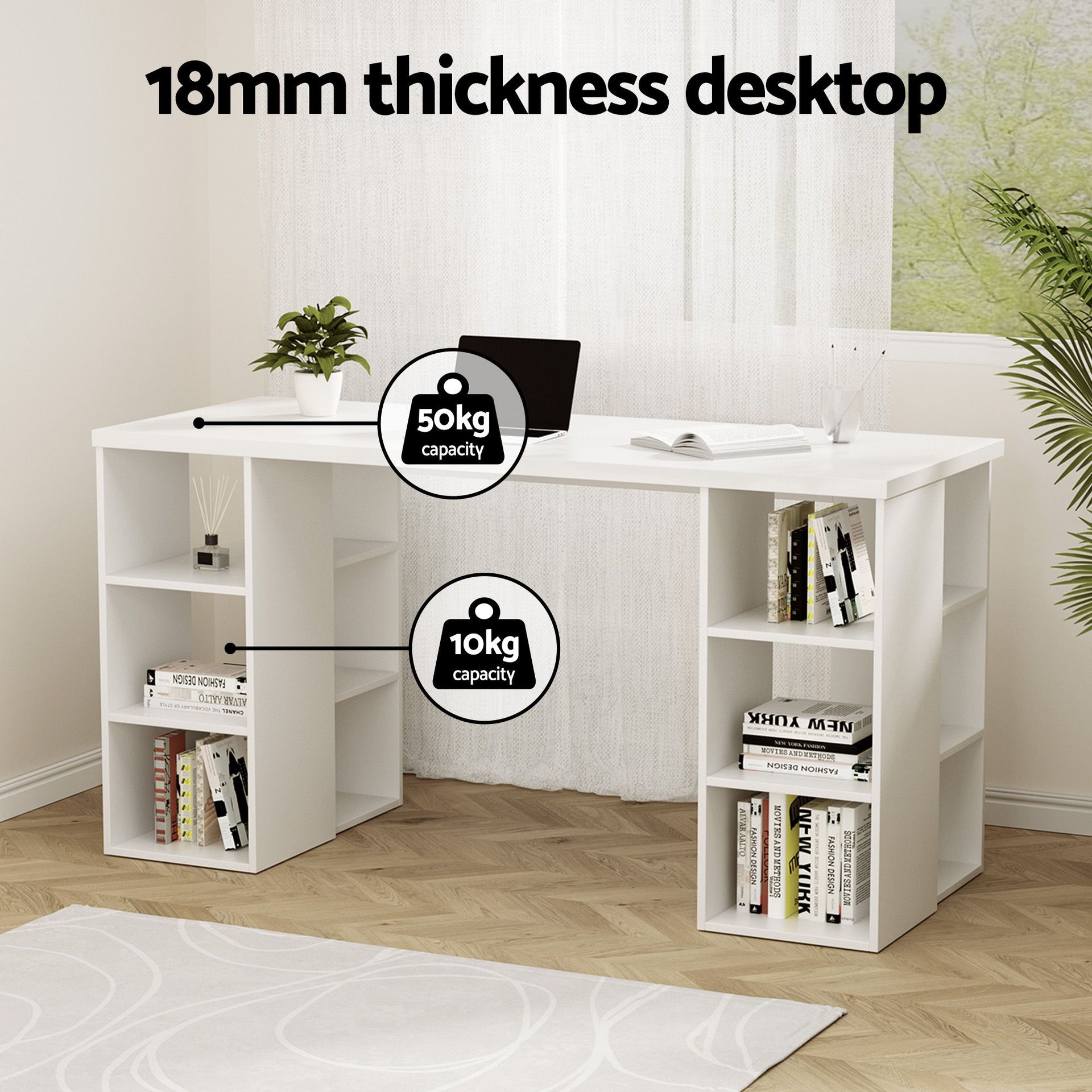 Artiss Office Desk & Chair Set 150cm Computer Desk with 6 Storage Shelves & Ergonomic Cross Legged Chair Armless Cross PU Leather Office Chair with Wheels Awezingly