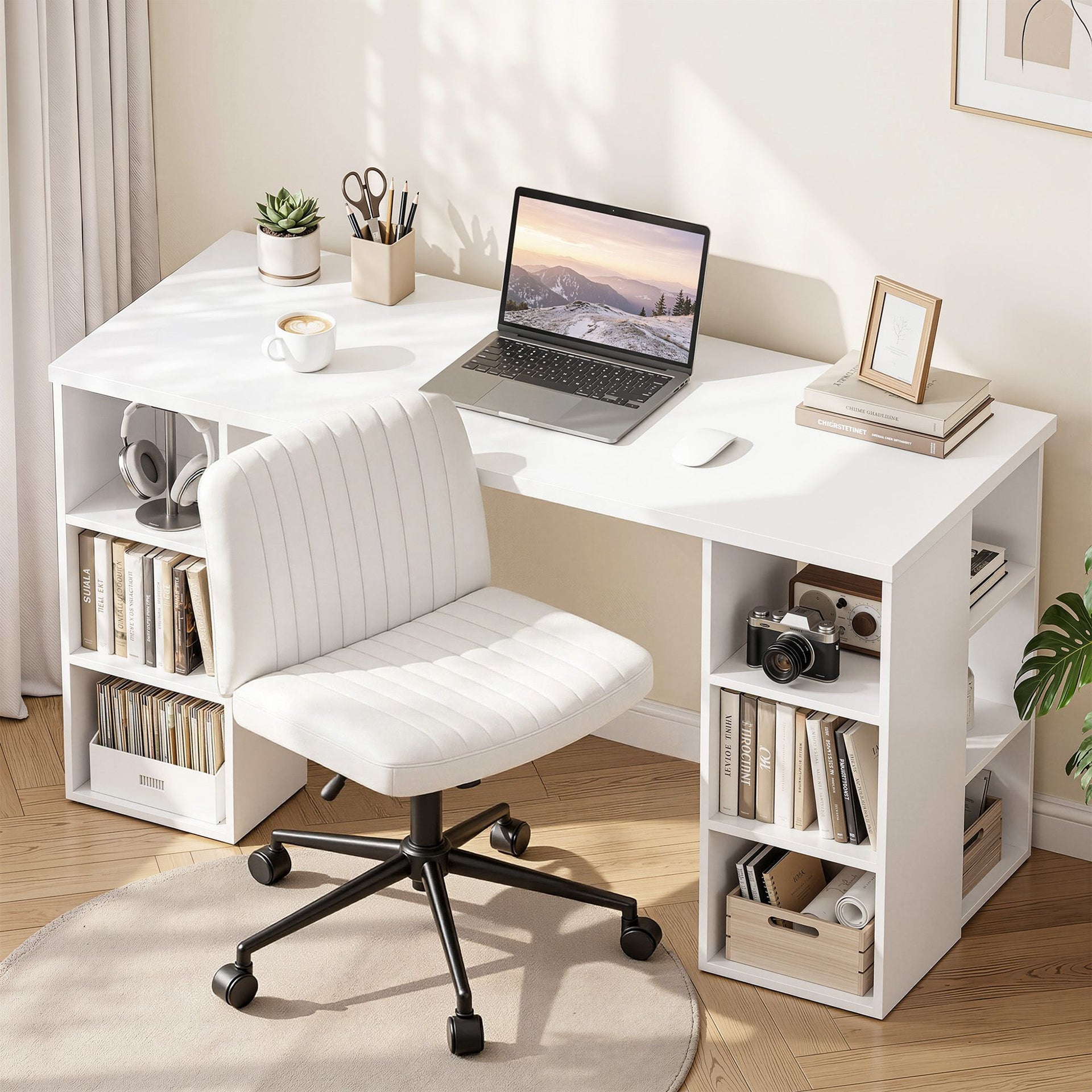 Artiss Office Desk & Chair Set 150cm Computer Desk with 6 Storage Shelves & Ergonomic Cross Legged Chair Armless Cross PU Leather Office Chair with Wheels Awezingly