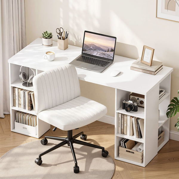 Artiss Office Desk & Chair Set 150cm Computer Desk with 6 Storage Shelves & Ergonomic Cross Legged Chair Armless Cross PU Leather Office Chair with Wheels Awezingly