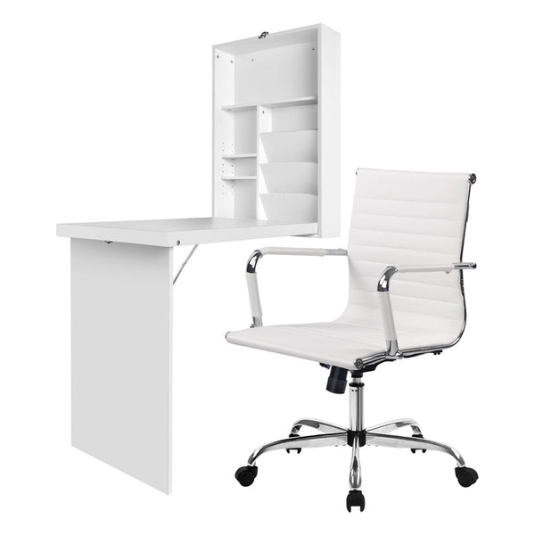Artiss Computer Desk Office Chair Set PU Leather Wall Mount Foldable Table White Artiss