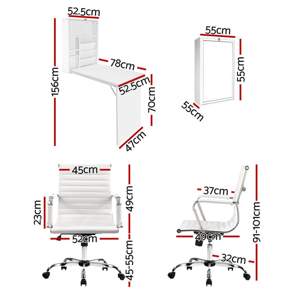 Artiss Computer Desk Office Chair Set PU Leather Wall Mount Foldable Table White Artiss
