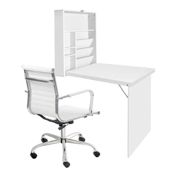 Artiss Computer Desk Office Chair Set PU Leather Wall Mount Foldable Table White Artiss