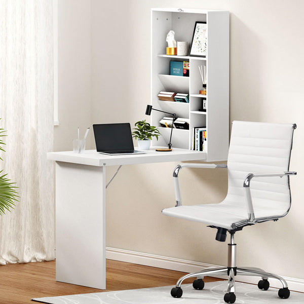Artiss Computer Desk Office Chair Set PU Leather Wall Mount Foldable Table White Artiss