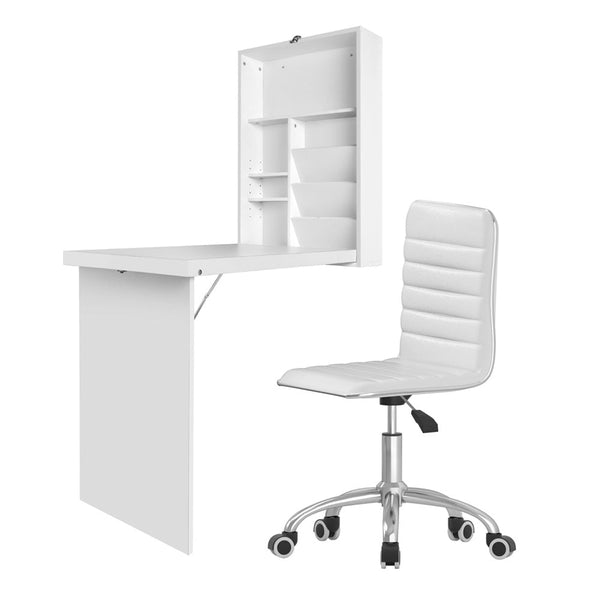 Artiss Computer Desk Office Chair Set PU Leather Wall Mount Foldable Table White Awezingly