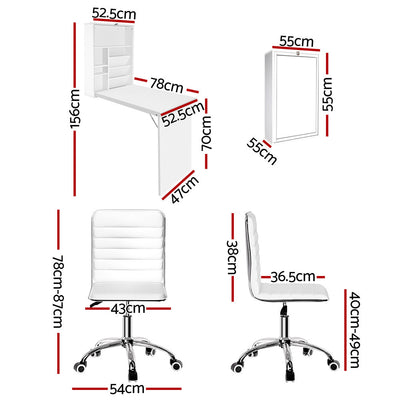 Artiss Computer Desk Office Chair Set PU Leather Wall Mount Foldable Table White