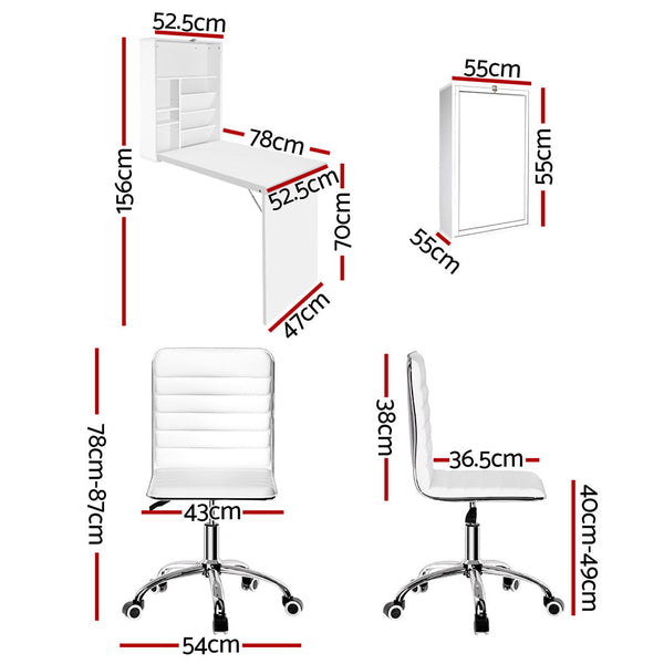 Artiss Computer Desk Office Chair Set PU Leather Wall Mount Foldable Table White Awezingly