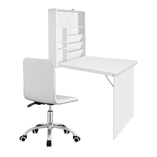 Artiss Computer Desk Office Chair Set PU Leather Wall Mount Foldable Table White Awezingly