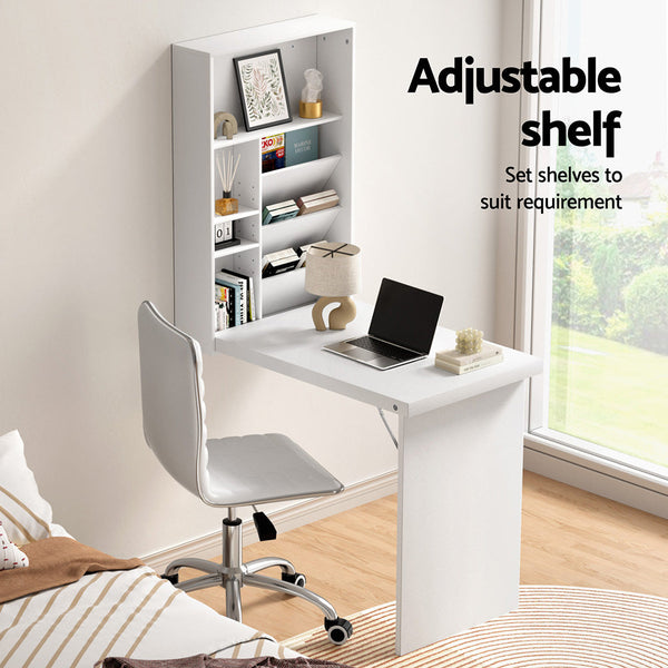 Artiss Computer Desk Office Chair Set PU Leather Wall Mount Foldable Table White Awezingly