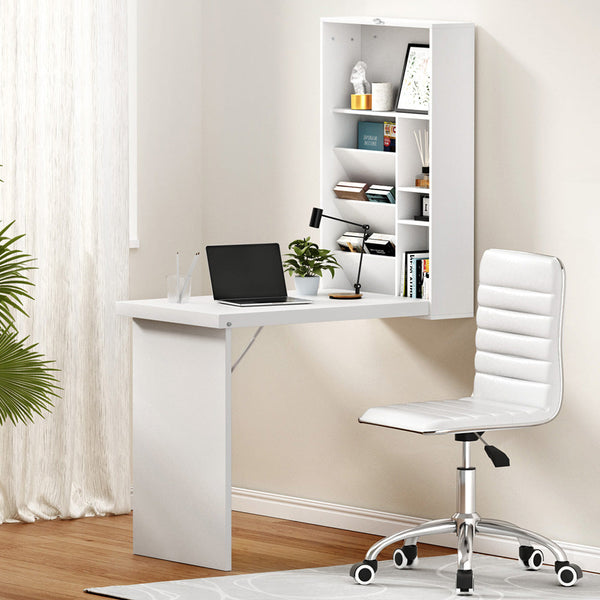 Artiss Computer Desk Office Chair Set PU Leather Wall Mount Foldable Table White Awezingly