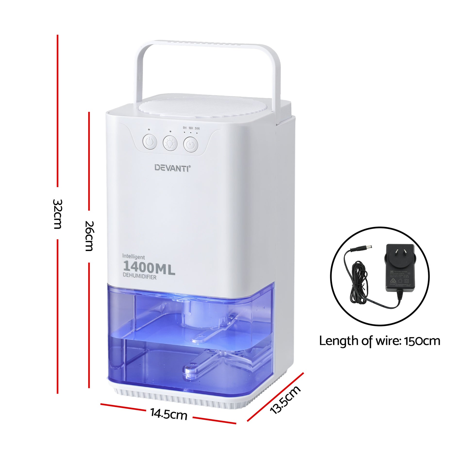 Devanti 1400ML Portable Dehumidifier Quiet Sleep Mode Timer Auto Off Bedroom White Awezingly