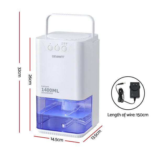 Devanti 1400ML Portable Dehumidifier Quiet Sleep Mode Timer Auto Off Bedroom White Awezingly