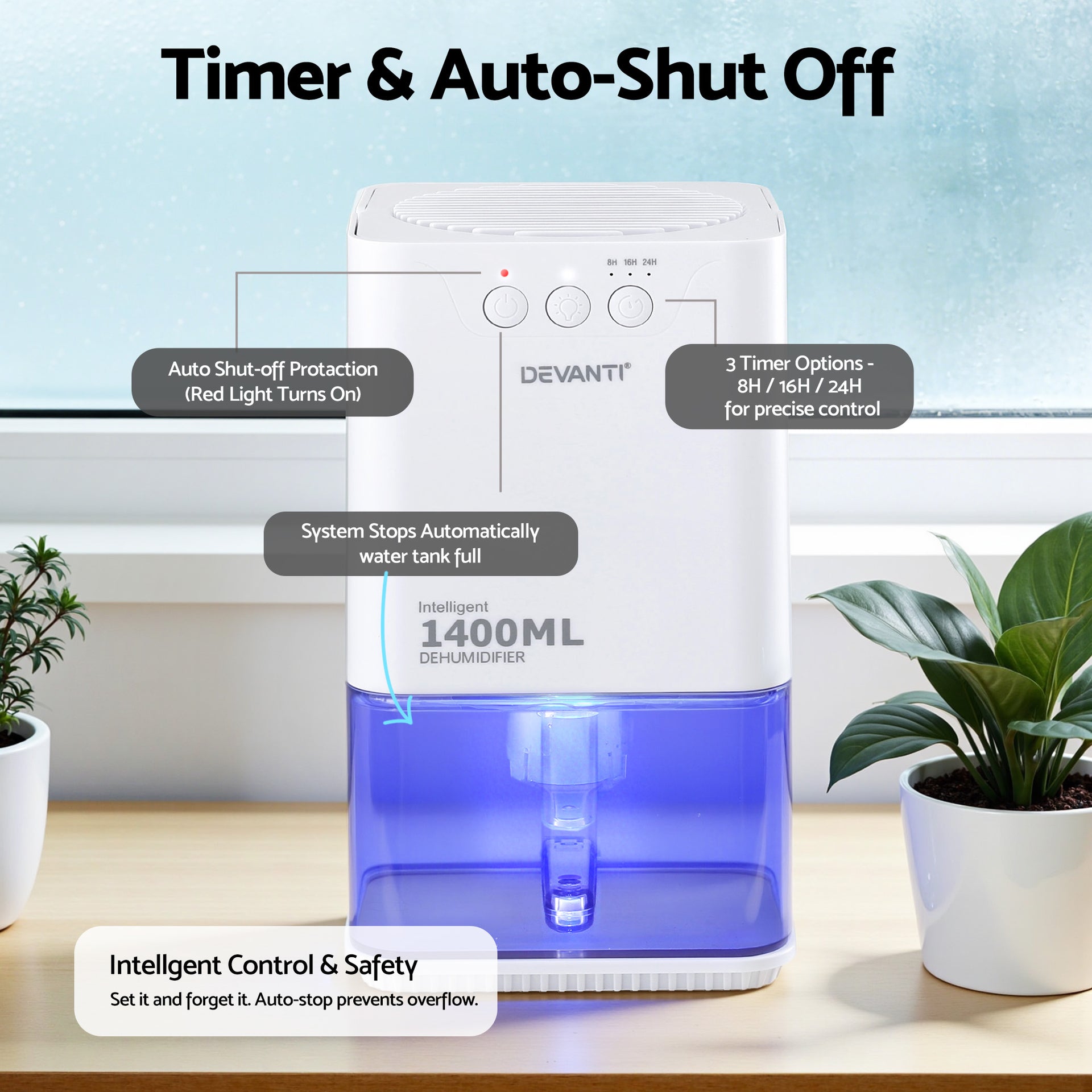 Devanti 1400ML Portable Dehumidifier Quiet Sleep Mode Timer Auto Off Bedroom White Awezingly