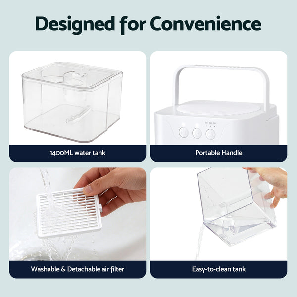 Devanti 1400ML Portable Dehumidifier Quiet Sleep Mode Timer Auto Off Bedroom White Awezingly