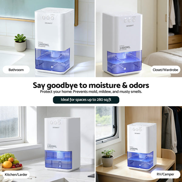 Devanti 1400ML Portable Dehumidifier Quiet Sleep Mode Timer Auto Off Bedroom White Awezingly