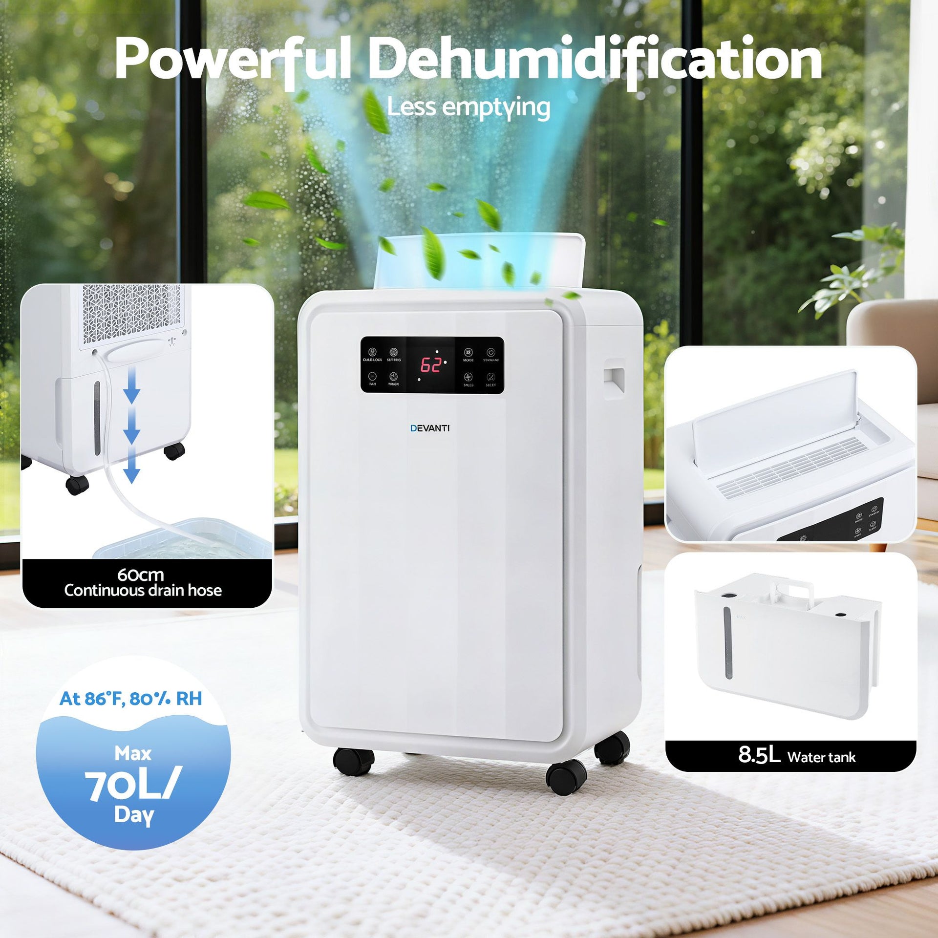 Devanti 70L Dehumidifier Commercial Moisture Absorber Air Dryer 8.5L Water Tank Awezingly