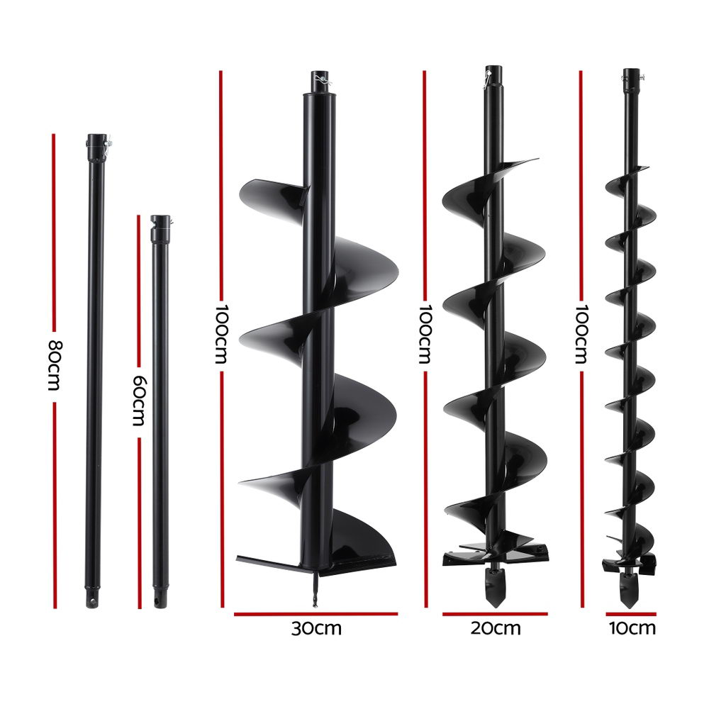 Giantz Post Hole Digger Auger Drill Bit Set 100mm 200mm 300mm Carbon Steel Black Awezingly