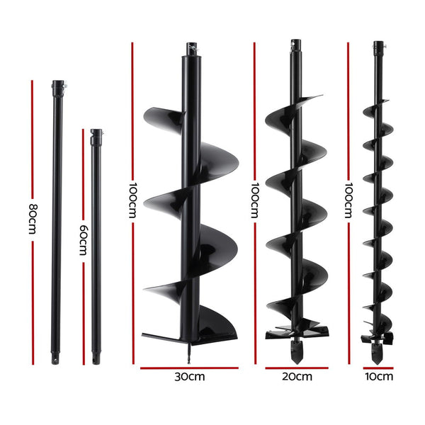 Giantz Post Hole Digger Auger Drill Bit Set 100mm 200mm 300mm Carbon Steel Black Awezingly