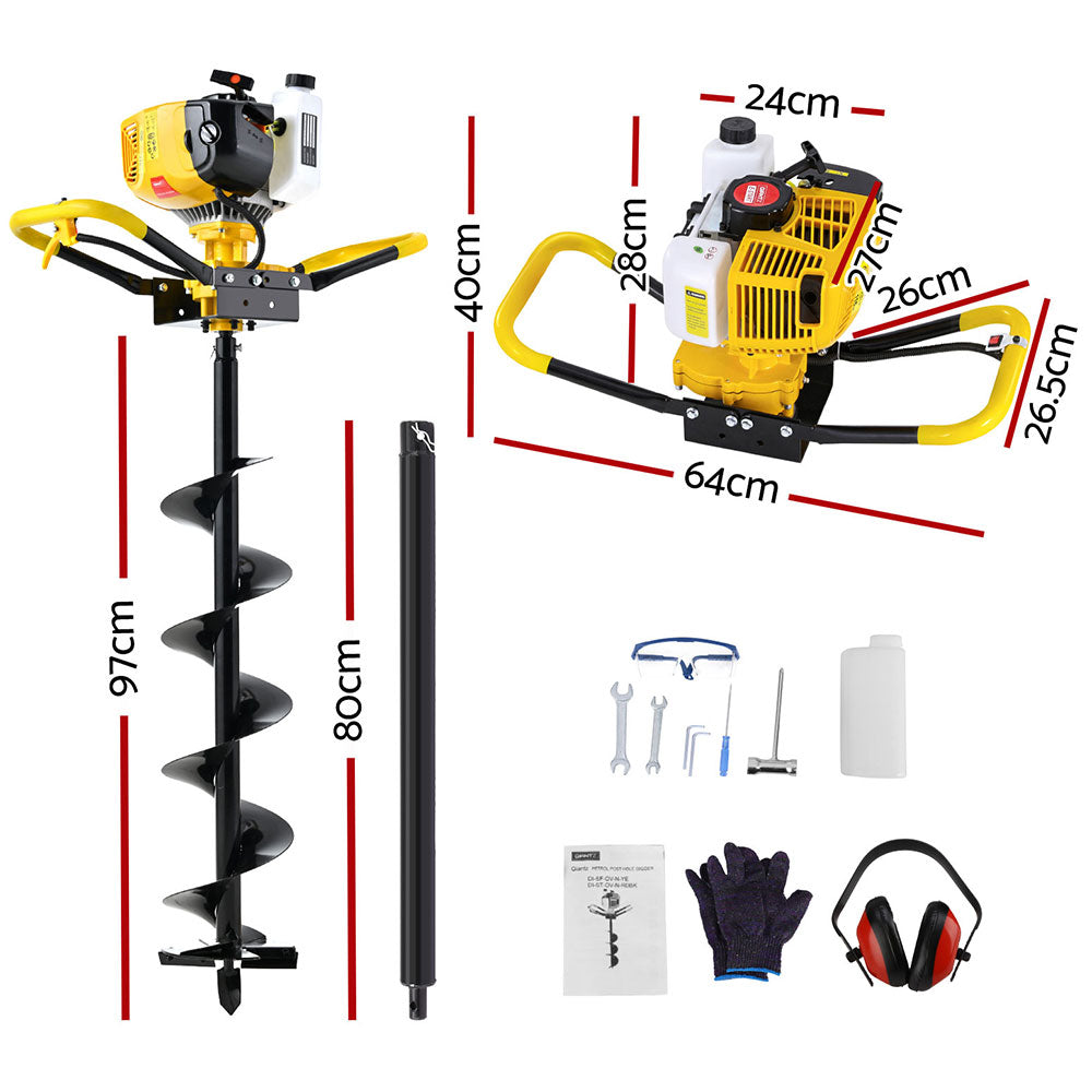 Giantz 74CC Post Hole Digger 200mm Petrol Drill Auger Extension Bits Giantz