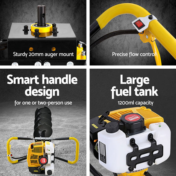 Giantz 74CC Post Hole Digger 200mm Petrol Drill Auger Extension Bits Giantz