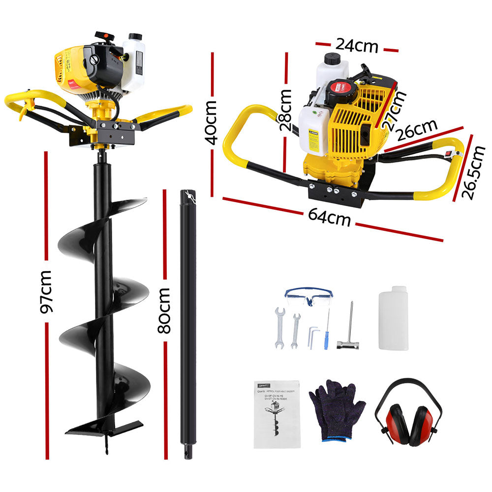 Giantz 74CC Post Hole Digger 300mm Petrol Drill Auger Extension Bits Giantz