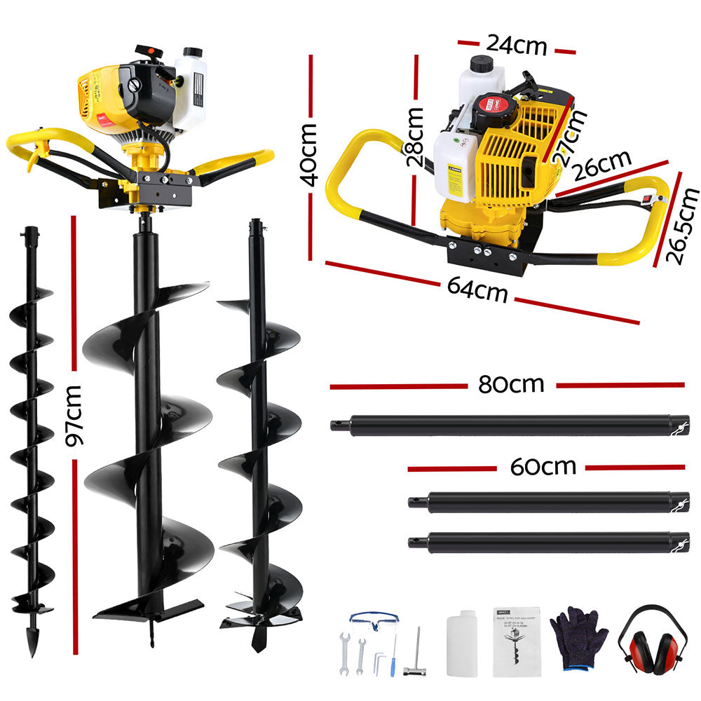 Giantz 74CC Post Hole Digger Petrol Motor Drill Extension Auger Bits Kits Giantz